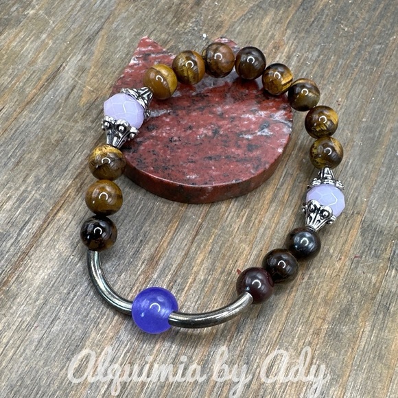 Purple jade Tiger's eye beaded bracelet courage and protection healing crystal - Picture 1 of 4